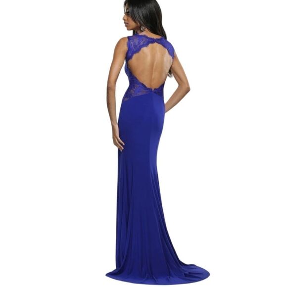 Xcite Womens Formal Royal Blue Evening Dress Size 8 Open Back Split Hem Lacy - Picture 3 of 14